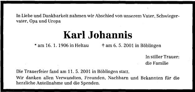Johannis Karl 1906-2001 Todesanzeige
